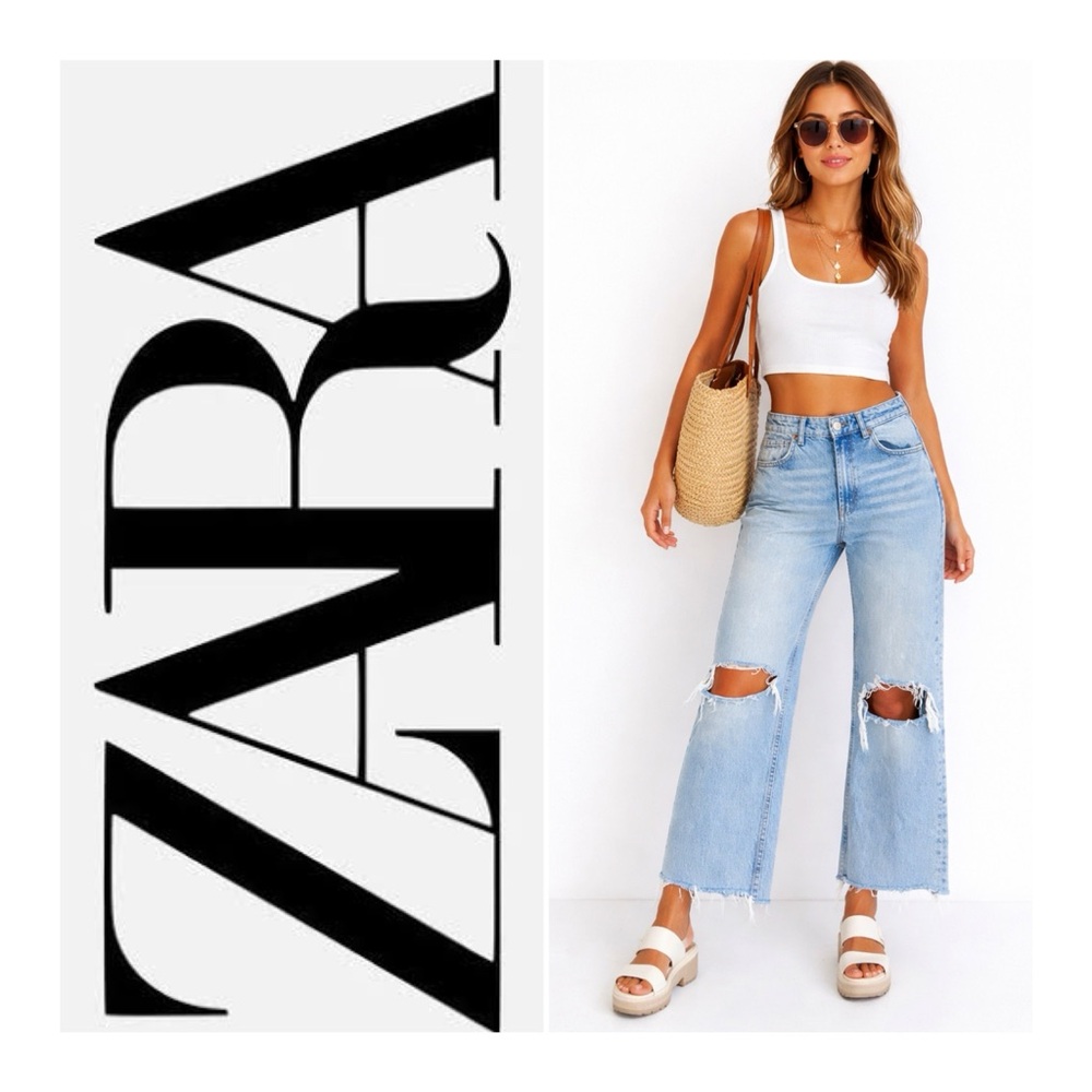 Zara Light Blue Distressed Cropped Wide-Leg Jeans